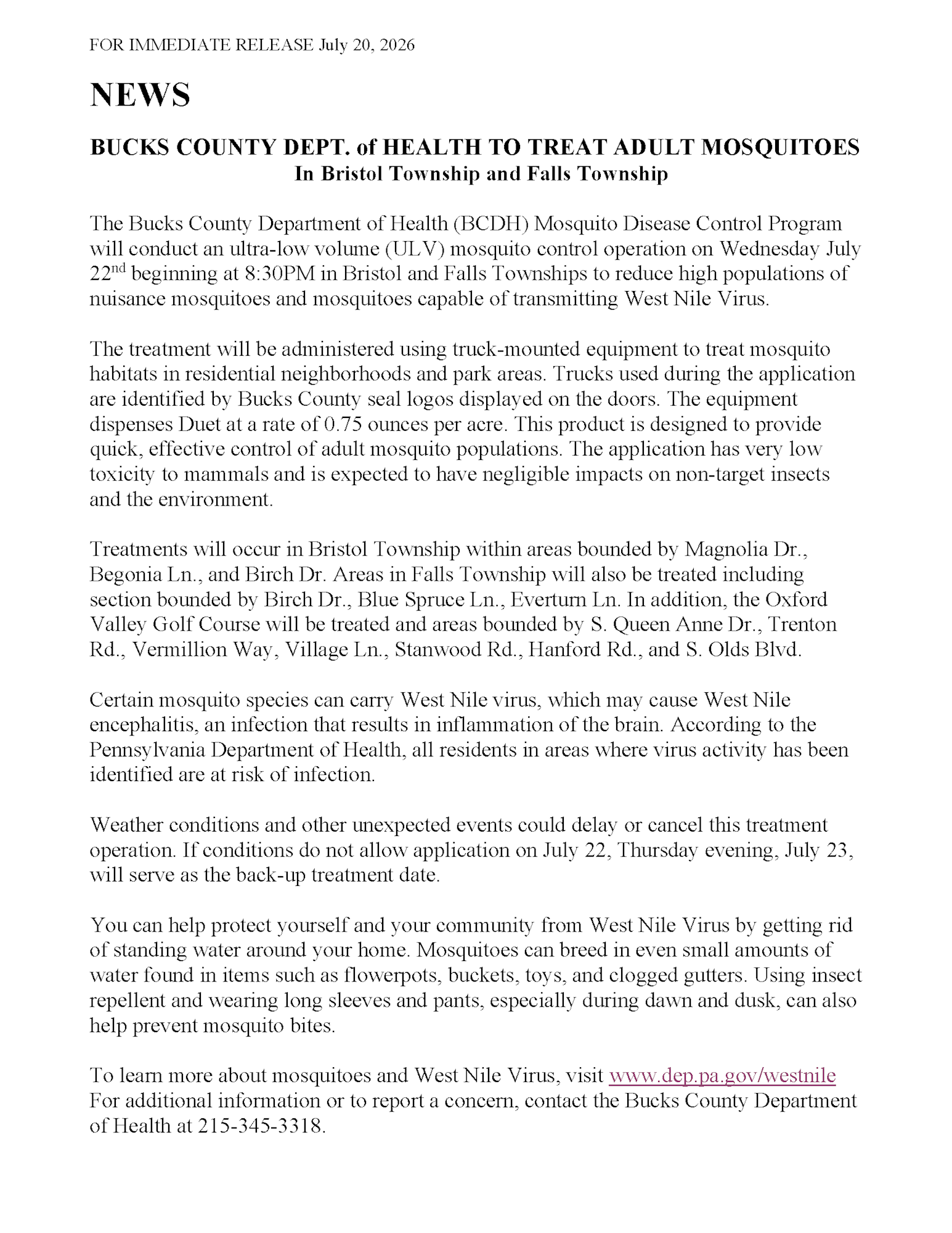 BUCKS COUNTY DEPT. of HEALTH TO TREAT ADULT MOSQUITOES